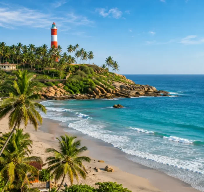 Kovalam beach with crescent shoreline, blue Arabian Sea, coconut palms and lighthouse in clear morning light.