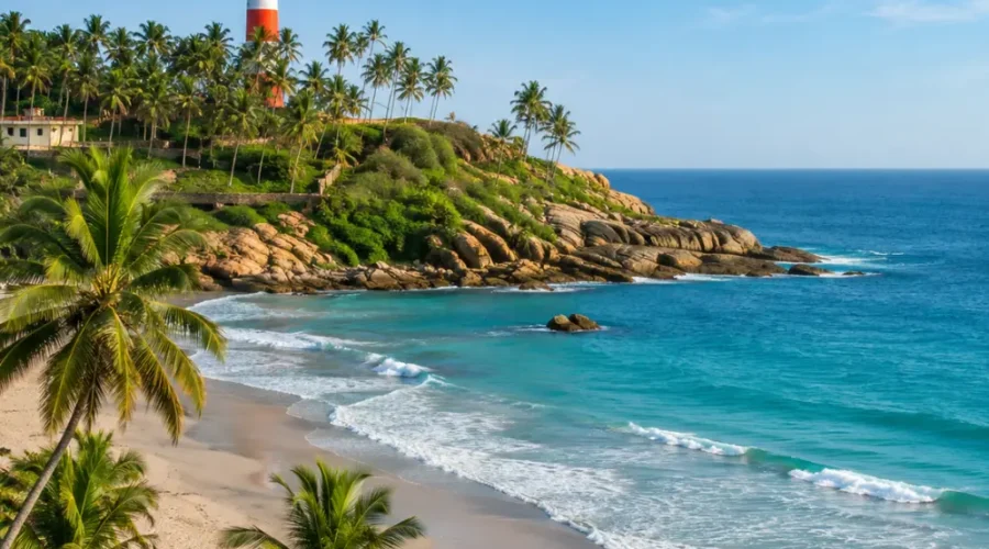 Kovalam beach with crescent shoreline, blue Arabian Sea, coconut palms and lighthouse in clear morning light.