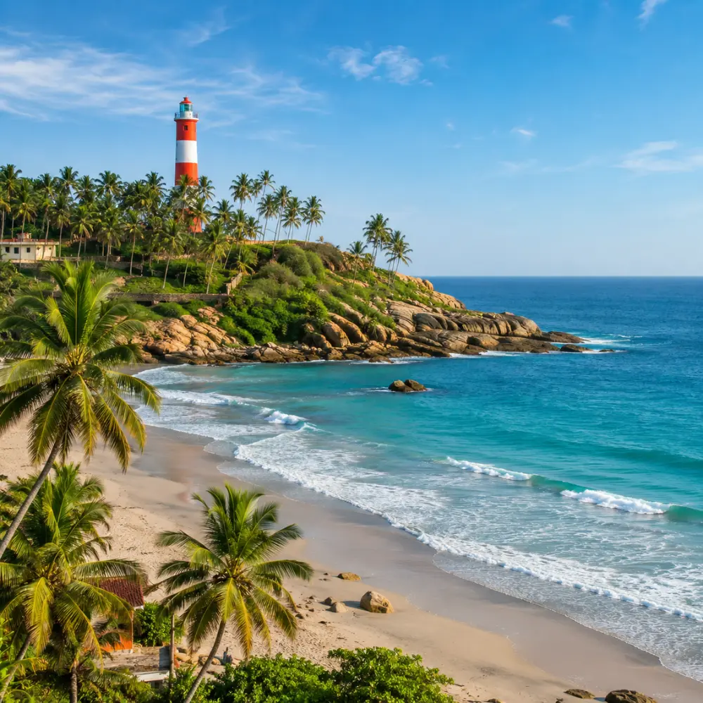 Kovalam beach with crescent shoreline, blue Arabian Sea, coconut palms and lighthouse in clear morning light.