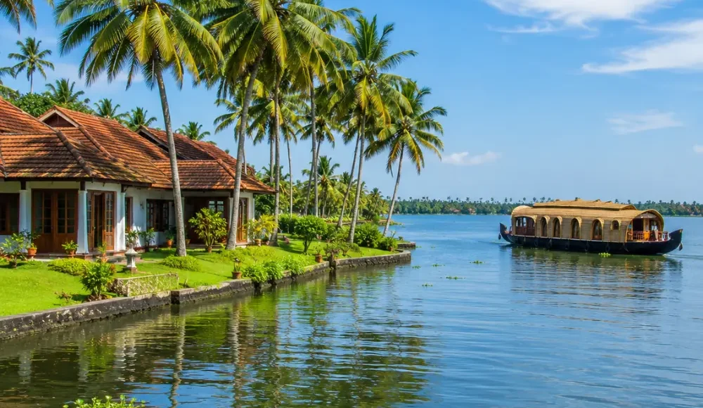 Kumarakom backwaters with calm Vembanad Lake, coconut palms and traditional Kerala village charm in morning light.