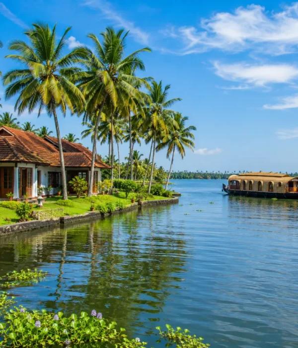 Kumarakom backwaters with calm Vembanad Lake, coconut palms and traditional Kerala village charm in morning light.