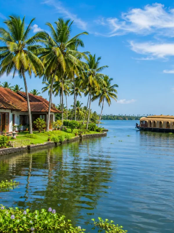 Kumarakom backwaters with calm Vembanad Lake, coconut palms and traditional Kerala village charm in morning light.