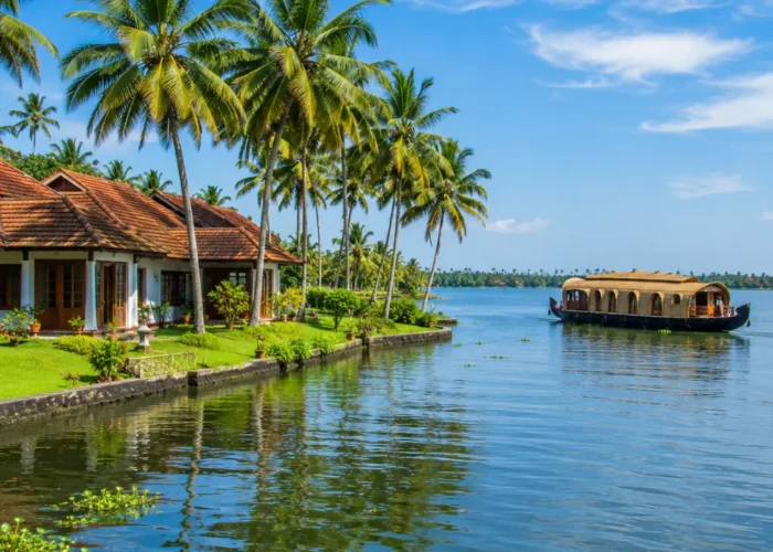 Kumarakom backwaters with calm Vembanad Lake, coconut palms and traditional Kerala village charm in morning light.