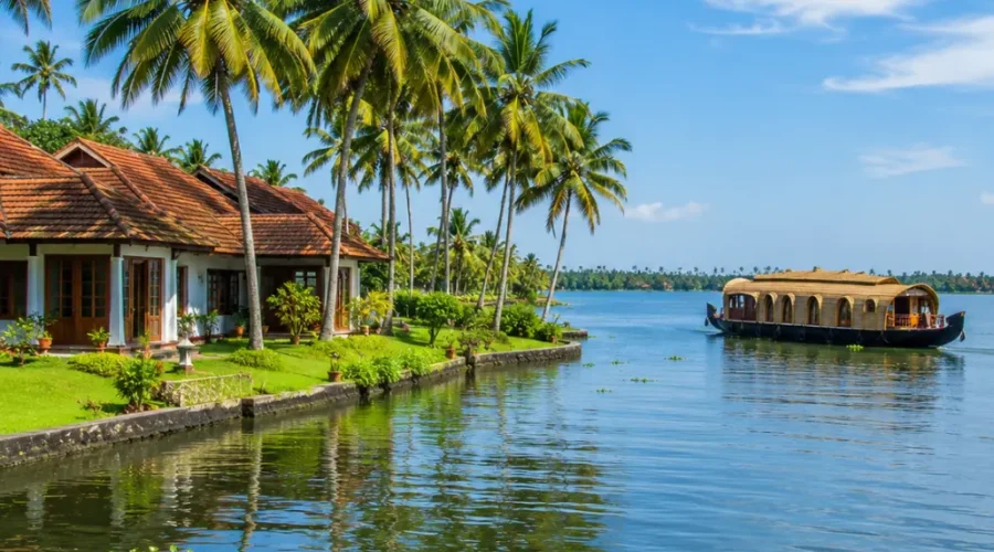 Kumarakom backwaters with calm Vembanad Lake, coconut palms and traditional Kerala village charm in morning light.