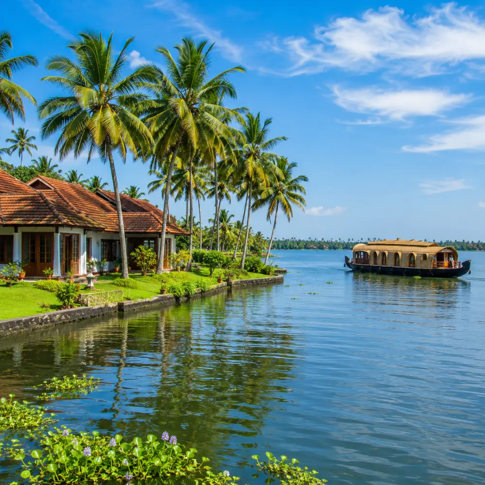 Kumarakom backwaters with calm Vembanad Lake, coconut palms and traditional Kerala village charm in morning light.