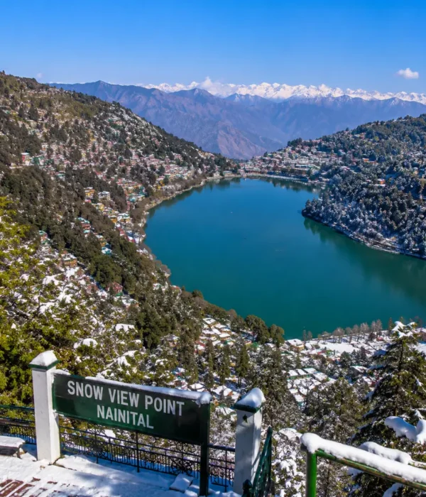 Bright morning view from Snow View Point in Nainital with Himalayan peaks, green hills, and clear mountain scenery