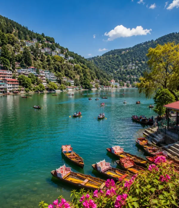 Bright morning view of Naini Lake in Nainital with green hills, clear water, and peaceful mountain scenery