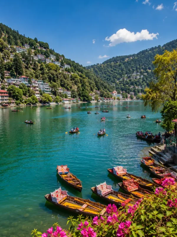 Bright morning view of Naini Lake in Nainital with green hills, clear water, and peaceful mountain scenery