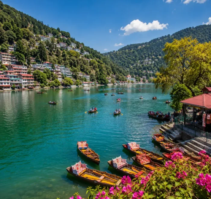 Bright morning view of Naini Lake in Nainital with green hills, clear water, and peaceful mountain scenery