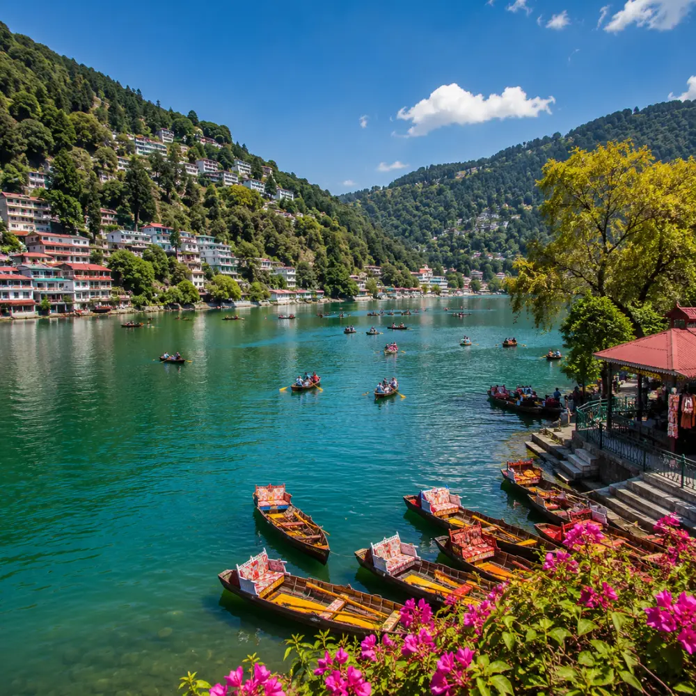 Bright morning view of Naini Lake in Nainital with green hills, clear water, and peaceful mountain scenery