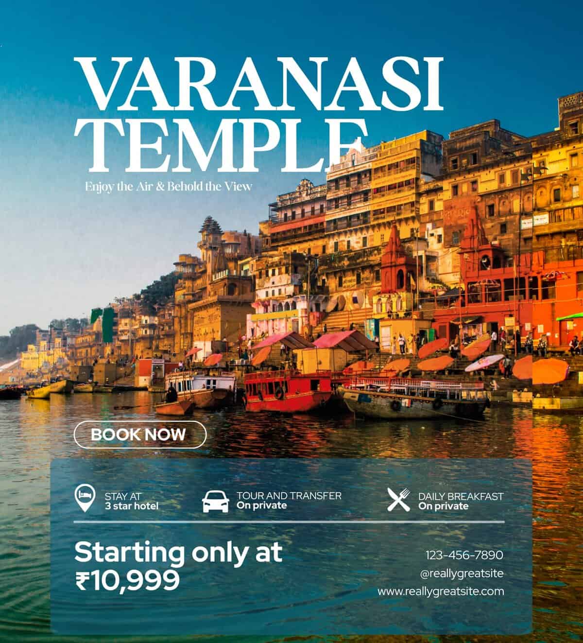 Colorful Varanasi ghats and boats along the river with historic temples in India, perfect for cultural and spiritual travel tours in India.