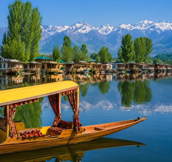 Beautiful Srinagar Dal Lake view with colorful shikara, houseboats, calm water reflections, and snow-capped mountains.