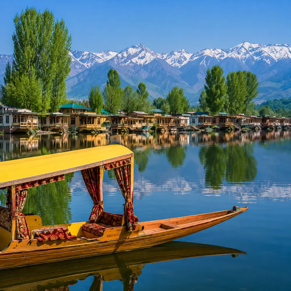 Beautiful Srinagar Dal Lake view with colorful shikara, houseboats, calm water reflections, and snow-capped mountains.