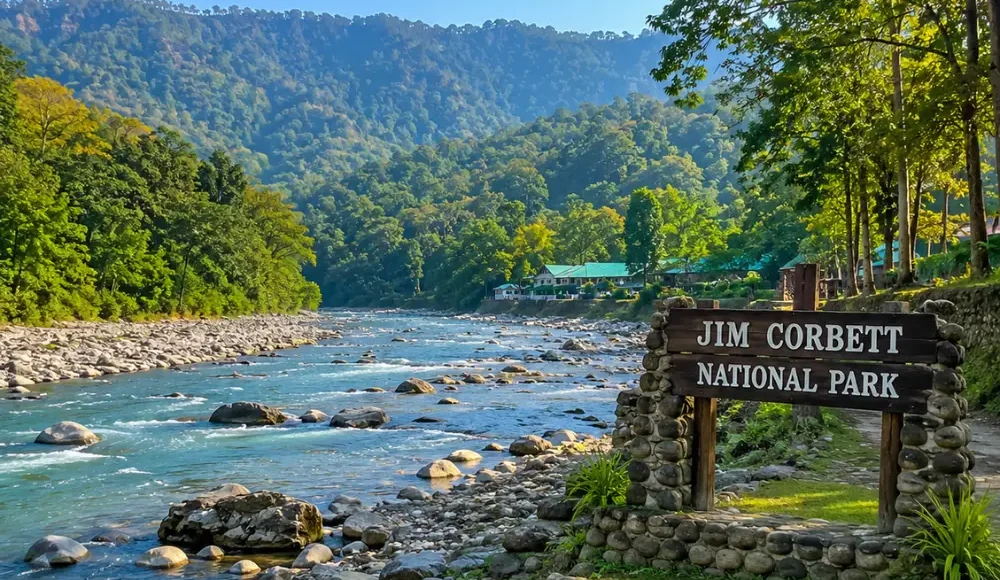 Bright morning forest landscape of Jim Corbett National Park with safari trail, tall trees, and natural wilderness