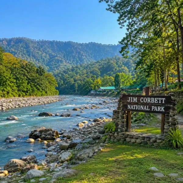Bright morning forest landscape of Jim Corbett National Park with safari trail, tall trees, and natural wilderness