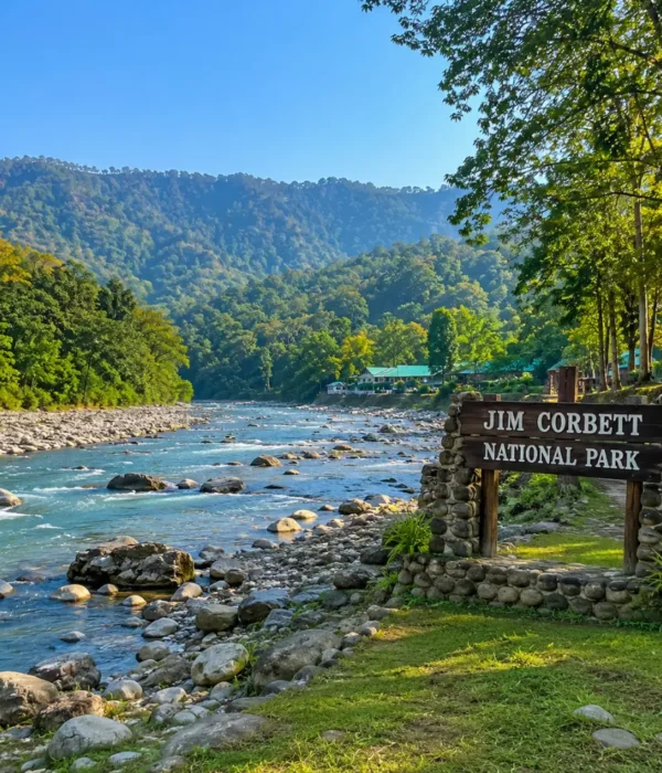 Bright morning forest landscape of Jim Corbett National Park with safari trail, tall trees, and natural wilderness