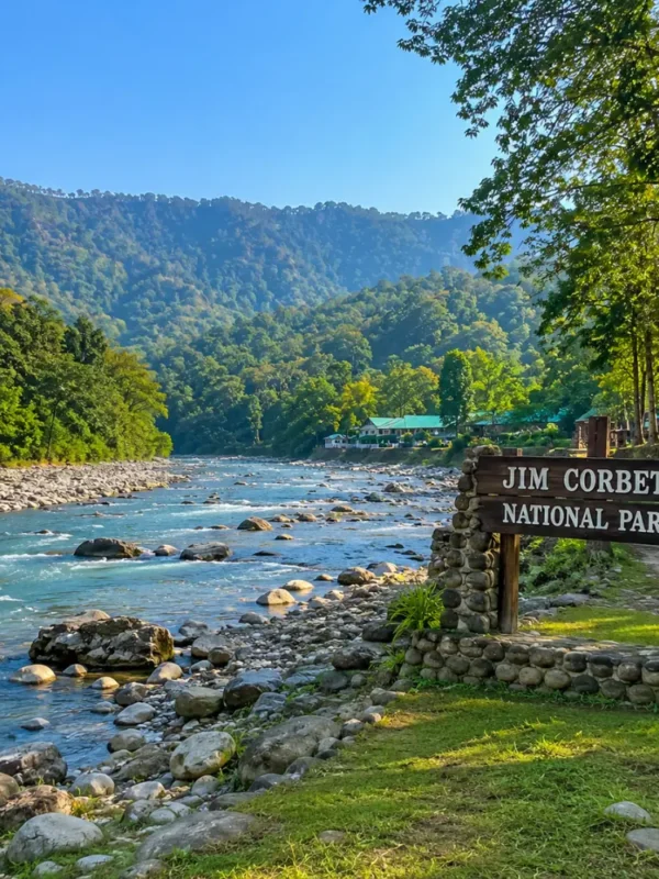 Bright morning forest landscape of Jim Corbett National Park with safari trail, tall trees, and natural wilderness