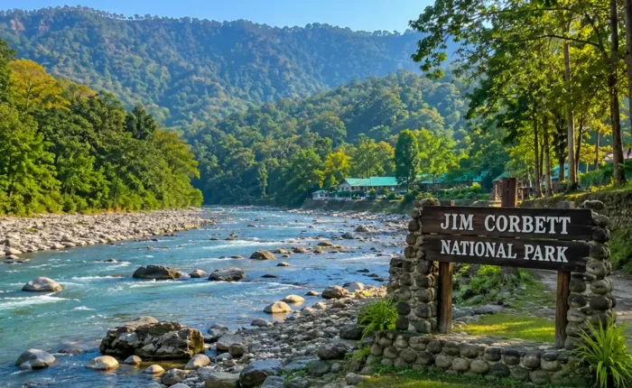 Bright morning forest landscape of Jim Corbett National Park with safari trail, tall trees, and natural wilderness