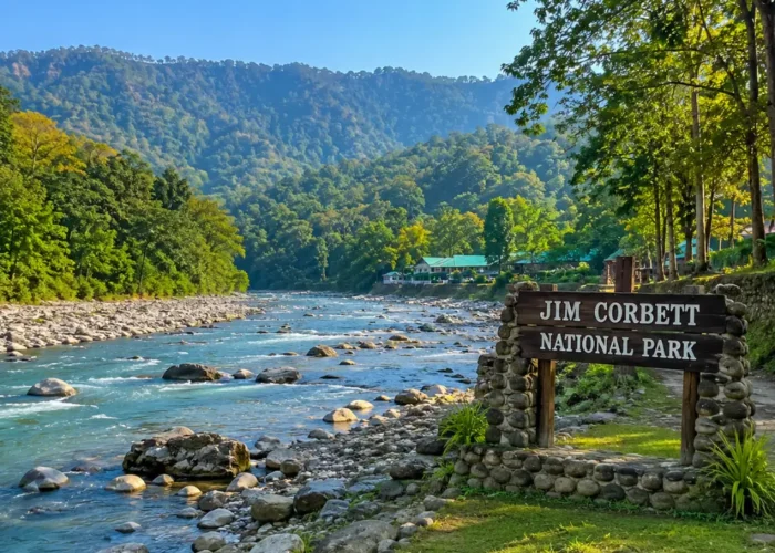 Bright morning forest landscape of Jim Corbett National Park with safari trail, tall trees, and natural wilderness