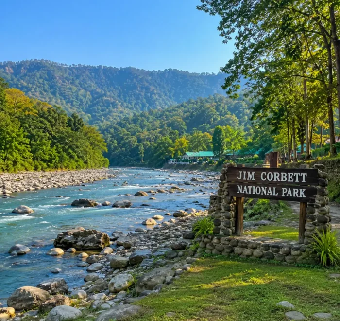 Bright morning forest landscape of Jim Corbett National Park with safari trail, tall trees, and natural wilderness