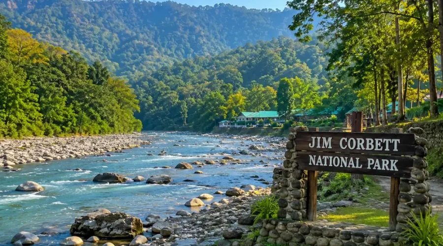 Bright morning forest landscape of Jim Corbett National Park with safari trail, tall trees, and natural wilderness