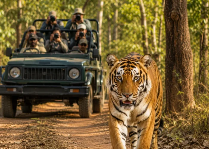 Kanha Wildlife Safari Tour Package featuring Bengal tigers, Barasingha, jeep safaris, Kanha National Park and wildlife adventures in Madhya Pradesh.