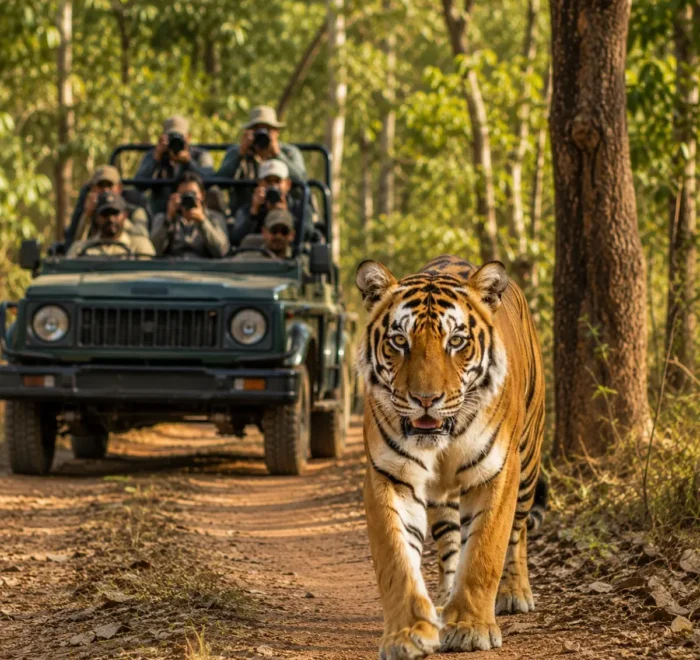 Kanha Wildlife Safari Tour Package featuring Bengal tigers, Barasingha, jeep safaris, Kanha National Park and wildlife adventures in Madhya Pradesh.