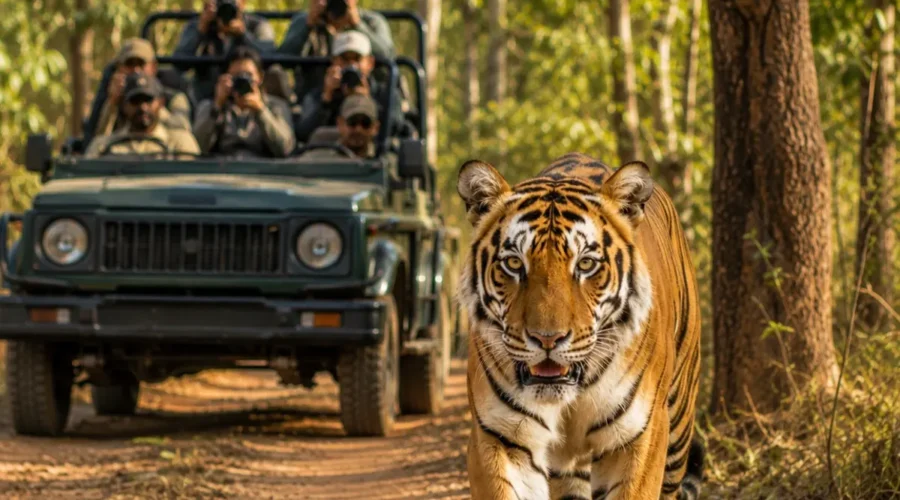 Kanha Wildlife Safari Tour Package featuring Bengal tigers, Barasingha, jeep safaris, Kanha National Park and wildlife adventures in Madhya Pradesh.