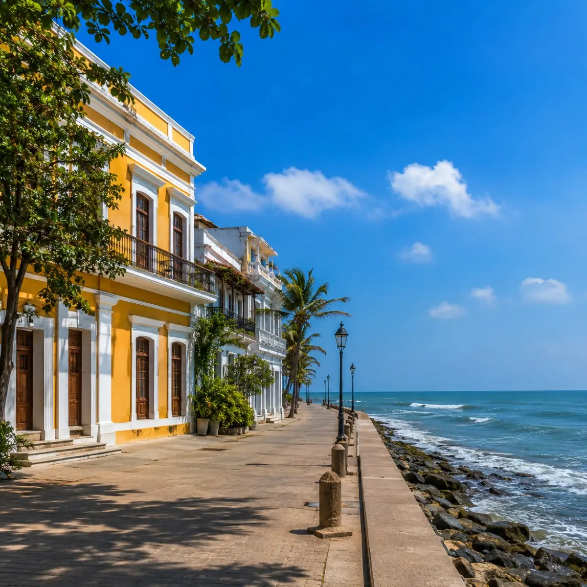 Pondicherry French Coast Tour Package featuring French Quarter, Promenade Beach, Auroville, colonial architecture and scenic coastal views.