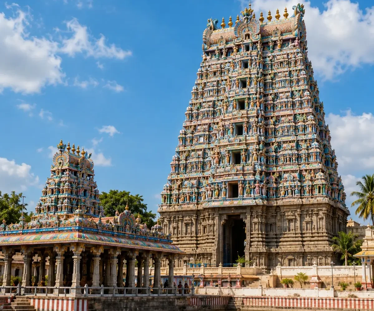 South India Temple Tour Package featuring Tirupati Balaji, Rameswaram, Madurai Meenakshi Temple, Kanchipuram and Srirangam.