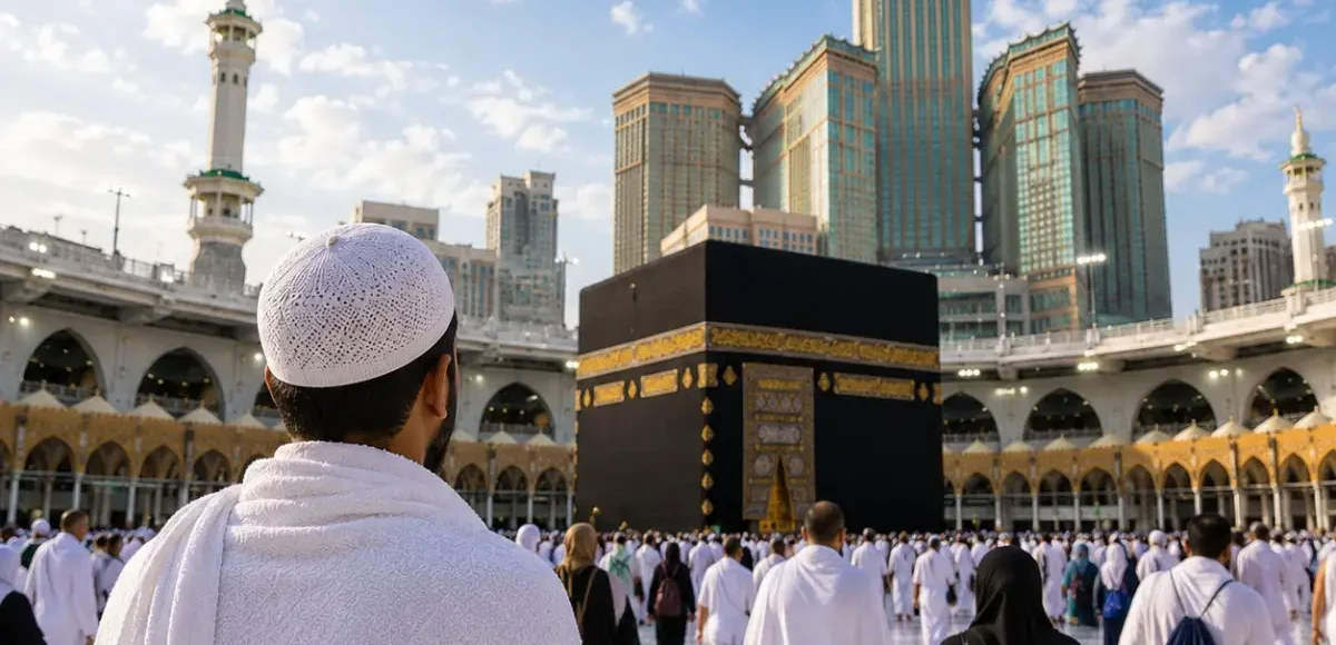 Umrah Economy Package featuring Makkah, Madinah, Kaaba, affordable hotels and guided pilgrimage services.