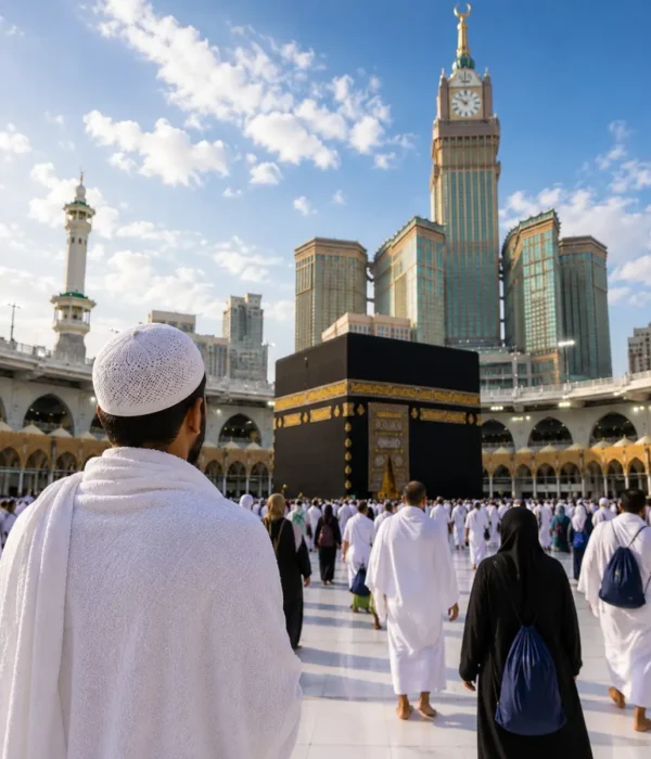 Umrah Economy Package featuring Makkah, Madinah, Kaaba, affordable hotels and guided pilgrimage services.