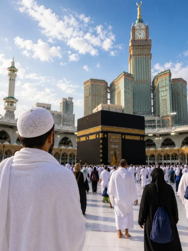 Umrah Economy Package featuring Makkah, Madinah, Kaaba, affordable hotels and guided pilgrimage services.