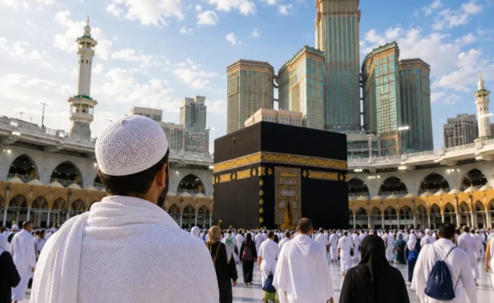 Umrah Economy Package featuring Makkah, Madinah, Kaaba, affordable hotels and guided pilgrimage services.