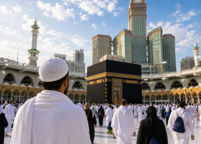 Umrah Economy Package featuring Makkah, Madinah, Kaaba, affordable hotels and guided pilgrimage services.