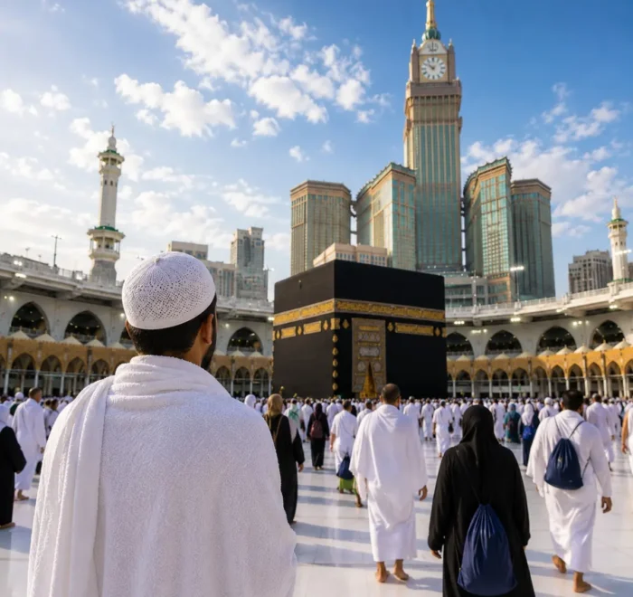 Umrah Economy Package featuring Makkah, Madinah, Kaaba, affordable hotels and guided pilgrimage services.