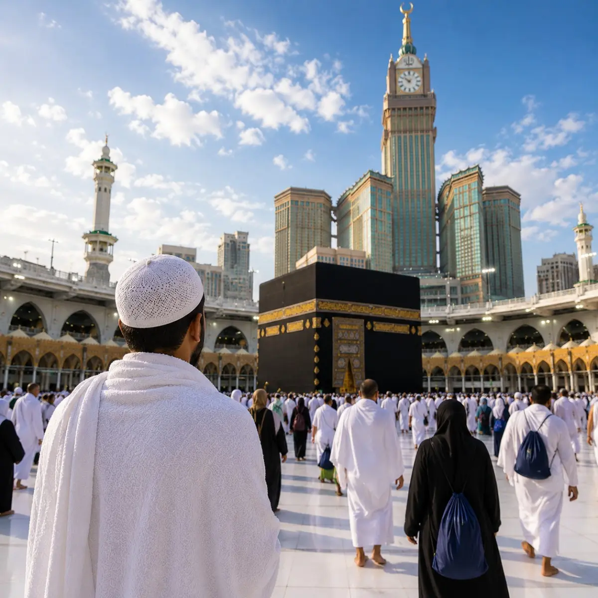 Umrah Economy Package featuring Makkah, Madinah, Kaaba, affordable hotels and guided pilgrimage services.