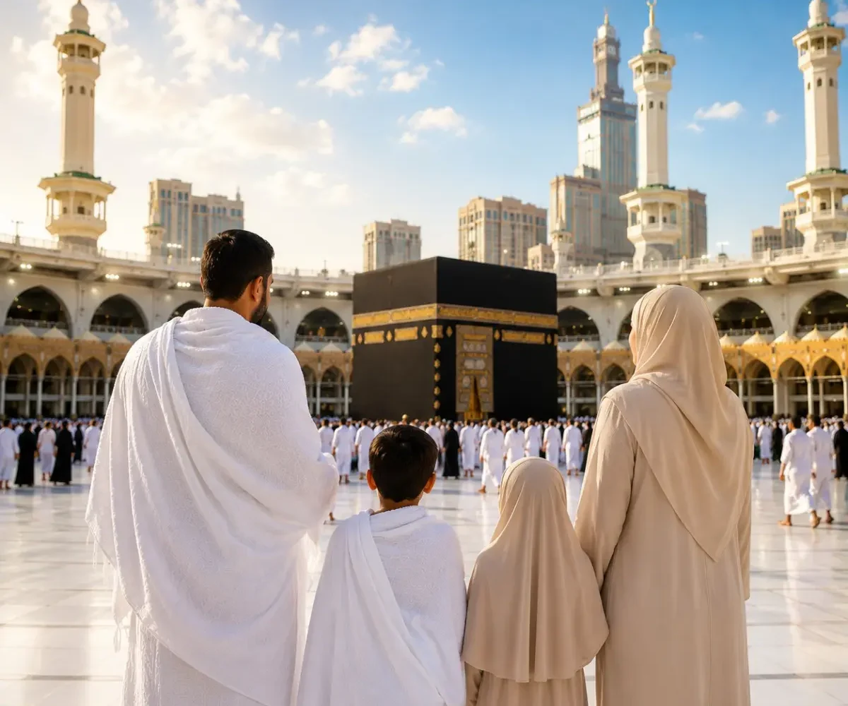 Umrah Family Package featuring Makkah, Madinah, Kaaba, family-friendly hotels and guided pilgrimage services.
