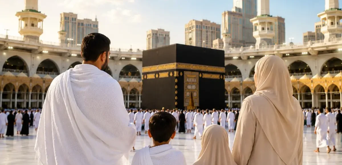 Umrah Family Package featuring Makkah, Madinah, Kaaba, family-friendly hotels and guided pilgrimage services.