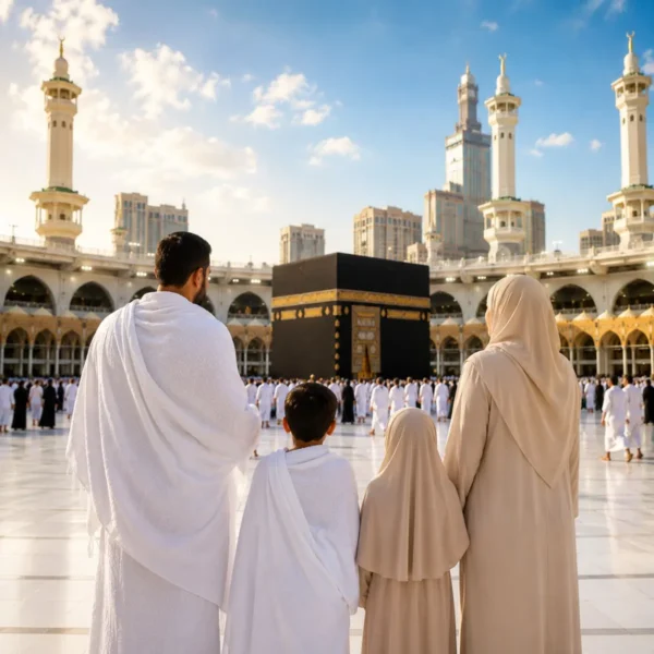 Umrah Family Package featuring Makkah, Madinah, Kaaba, family-friendly hotels and guided pilgrimage services.