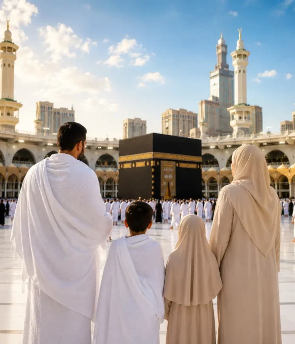 Umrah Family Package featuring Makkah, Madinah, Kaaba, family-friendly hotels and guided pilgrimage services.