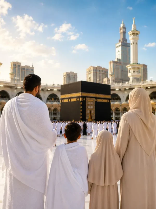 Umrah Family Package featuring Makkah, Madinah, Kaaba, family-friendly hotels and guided pilgrimage services.