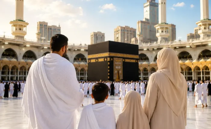 Umrah Family Package featuring Makkah, Madinah, Kaaba, family-friendly hotels and guided pilgrimage services.