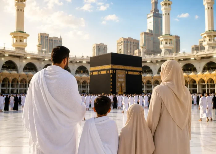 Umrah Family Package featuring Makkah, Madinah, Kaaba, family-friendly hotels and guided pilgrimage services.
