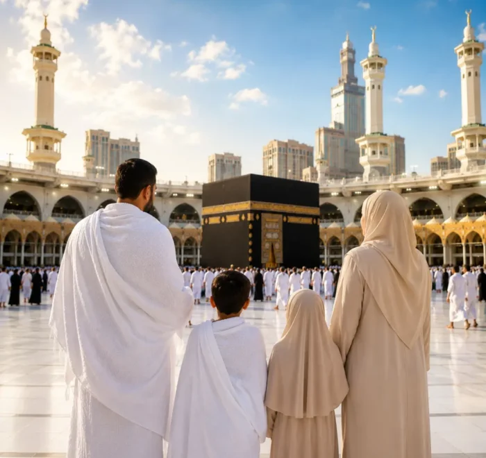 Umrah Family Package featuring Makkah, Madinah, Kaaba, family-friendly hotels and guided pilgrimage services.