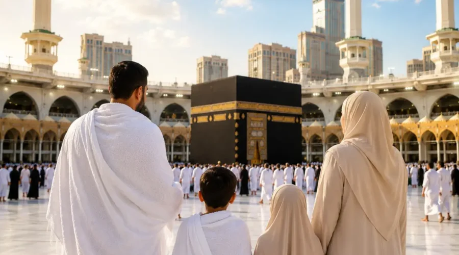 Umrah Family Package featuring Makkah, Madinah, Kaaba, family-friendly hotels and guided pilgrimage services.