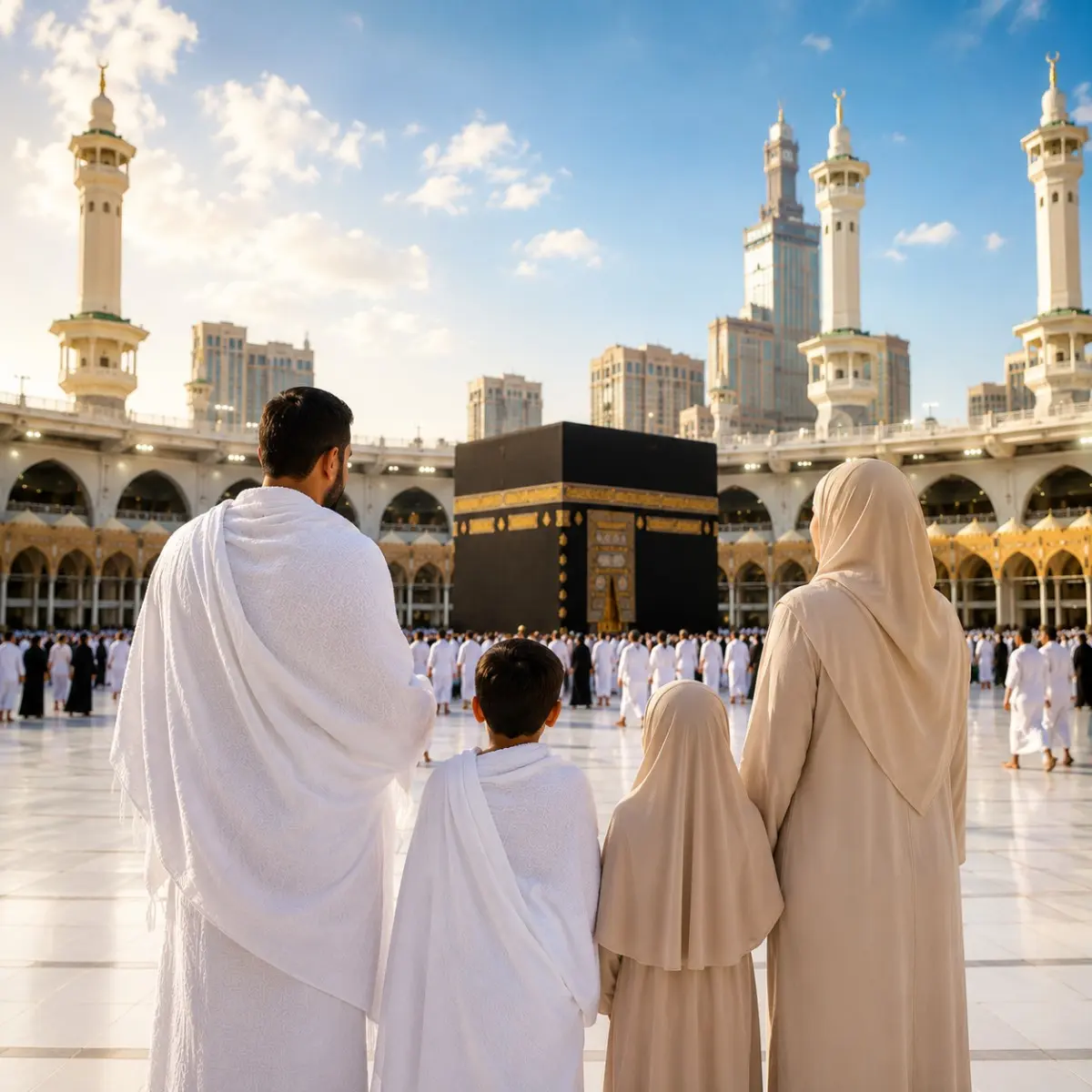 Umrah Family Package featuring Makkah, Madinah, Kaaba, family-friendly hotels and guided pilgrimage services.