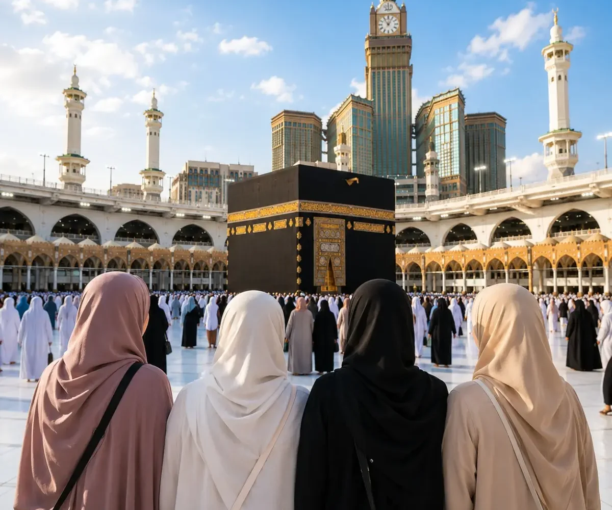 Women-Only Umrah Package featuring Makkah, Madinah, Kaaba, comfortable hotels and guided pilgrimage services.