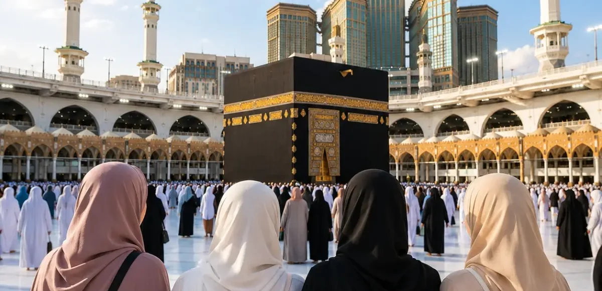 Women-Only Umrah Package featuring Makkah, Madinah, Kaaba, comfortable hotels and guided pilgrimage services.