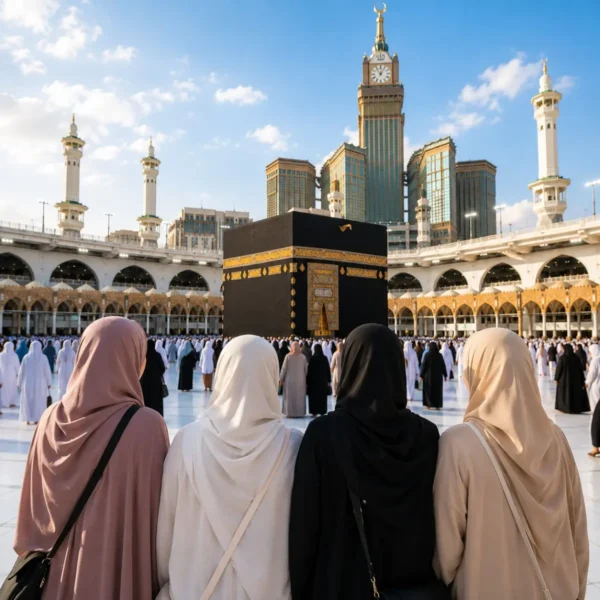Women-Only Umrah Package featuring Makkah, Madinah, Kaaba, comfortable hotels and guided pilgrimage services.